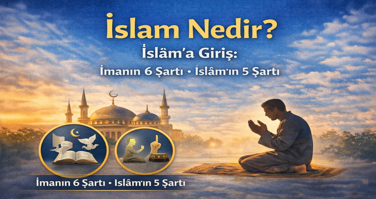 İslam nedir? İslam’a giriş: imanın 6 şartı ve İslam’ın 5 şartını özetleyen, cami silüeti önünde dua eden kişi kapak görseli.