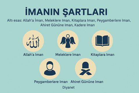 İmanın Şartları infografiği: Allah’a, meleklere, kitaplara, peygamberlere, ahiret gününe ve kadere iman.
