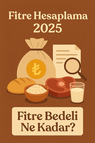 Fitre Hesaplama 2025 görseli – Ramazan fitresi için temel gıdalar ve sadaka sembolü