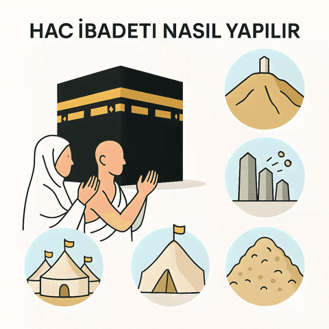 Hac ibadeti nasıl yapılır: Kâbe, ihramlı hacı, Arafat, Müzdelife, Mina ve Cemerat ikonlarıyla aşamaları gösteren illüstrasyon
