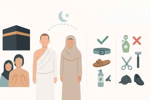 İhram ve ihram yasakları için metinsiz ikonlu görsel: Kâbe, ihramlı hacı ve tesettürlü kadın; yanında yeşil onaylı izin verilenler (kemer, sandalet, su matarası, gölgelik) ve kırmızı çarpılı kaçınılacaklar (parfüm, makas/ustura, tırnak makası, şapka, kapalı ayakkabı)