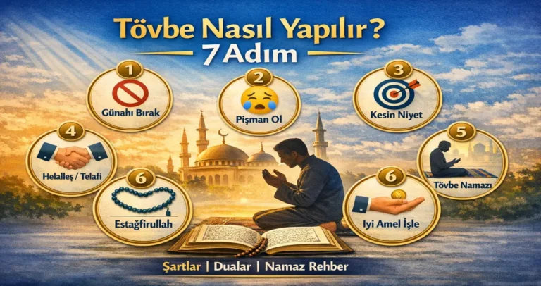 Tövbe nasıl yapılır? 7 adım infografik: günahı bırak, pişmanlık, kesin niyet, helalleşme/telafi, tövbe namazı, istiğfar, iyi amel.