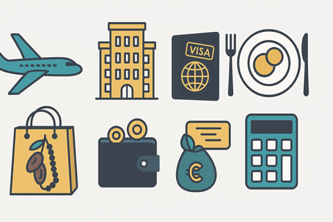 Umre bütçesi için kalem kalem maliyet ikonları (uçak, otel, vize, yemek, ulaşım, hediyelik, cüzdan, hesap makinesi)”