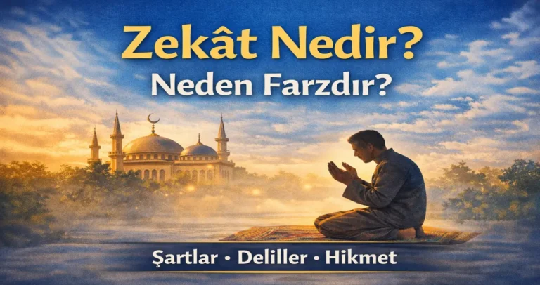 Zekât nedir ve neden farzdır? Cami silüeti önünde dua eden kişiyle zekâtın şartlar, deliller ve hikmetini anlatan kapak görseli.
