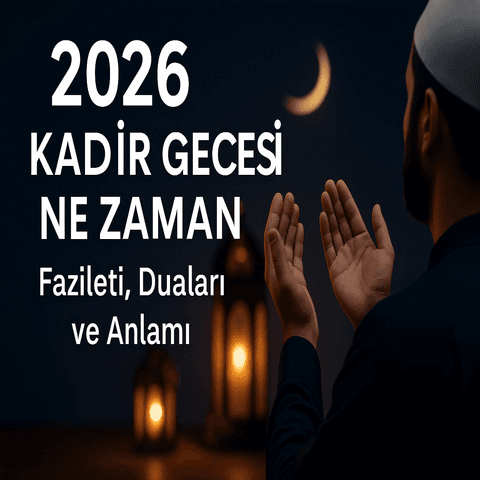 2026 Kadir Gecesi duası eden Müslüman, hilal ve kandiller eşliğinde dua ediyor.
