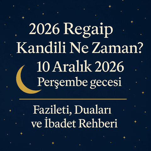 2026 Regaip Kandili tarihi, 10 Aralık 2026 Perşembe gecesi; fazileti, duaları ve ibadet rehberi temalı İslami görsel.