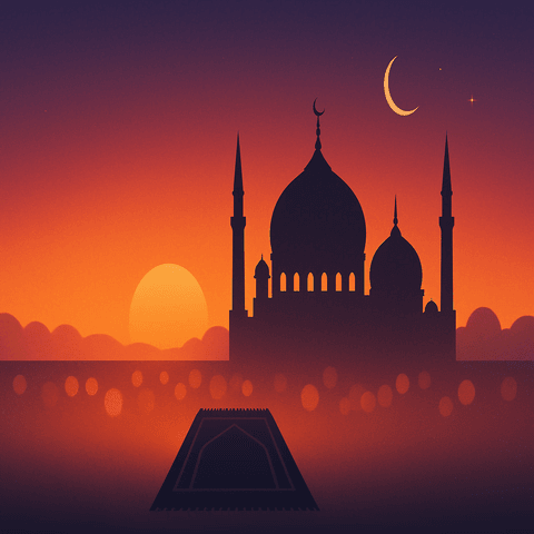 Güneş batarken cami silueti ve seccade ile akşam namazı temasını anlatan minimalist illüstrasyon.