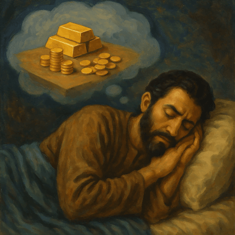 Rüyasında altın gören bir adam, yastığa başını koymuş uyurken altın külçeleri ve paraları düşlüyor.