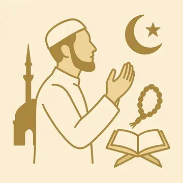 Şirk Nedir.Şirk konusunu temsil eden dua eden Müslüman figürü, Kur’an, hilal ve cami sembolleriyle İslam’ın tevhid inancını anlatan illüstrasyon