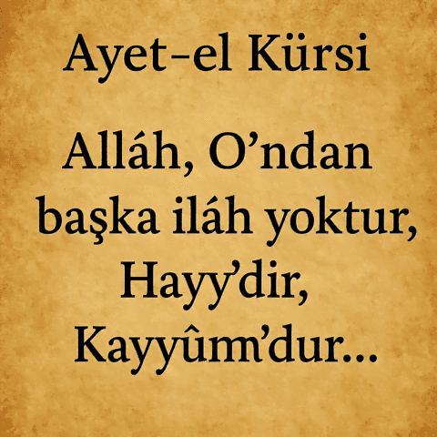 Ayet-el Kürsi Türkçe metni, eski parşömen zemin üzerinde sade hat yazı biçimiyle ortalanmış şekilde sunulmuştur.