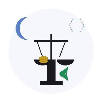 İslam’da ekonomi ve faiz yaklaşımını simgeleyen adalet terazisi, hilal, madeni para ve yeşil yaprak illüstrasyonu