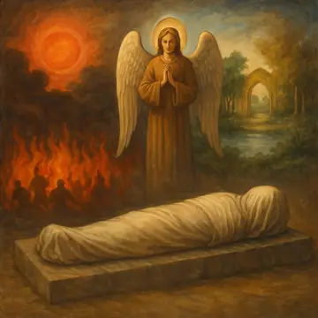 İslam’da ölüm ve ahiret konusunu temsil eden bir sahne – melek, kefenli bir beden, cennet ve cehennem sembolleriyle birlikte.