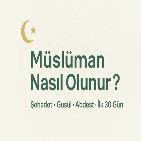 Müslüman nasıl olunur başlığı; sol üstte hilal ve yıldız, açık krem zeminde düşük opaklıklı İslami geometrik desen