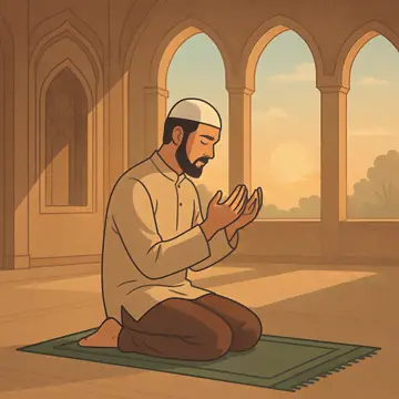 Öğle namazının sünnetini kılan bir Müslüman, cami içinde dua ederken, gün ortasında iç huzurla yönelmiş halde.