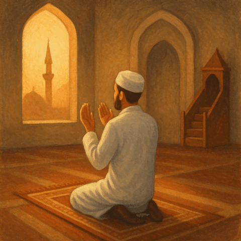 Sabah namazının sünnetini kılan bir Müslüman, cami içinde secdeye durmadan önce dua ederken, sabah ışıklarıyla aydınlanmış bir sahne.