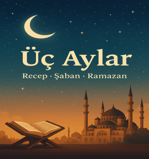 Üç Aylar: Recep, Şaban ve Ramazan’ı simgeleyen hilal, Kur’an ve cami silüeti